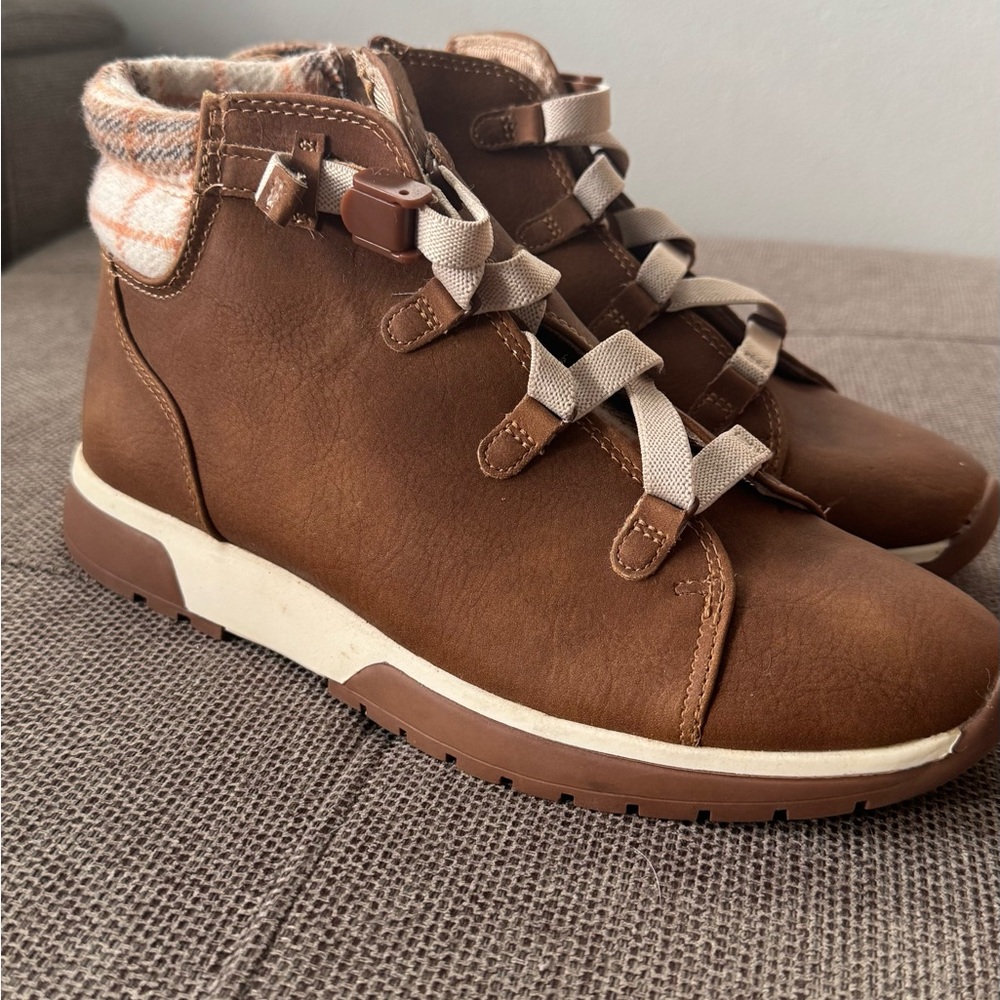 Life Stride Brown Ankle Boots with Plaid Accent